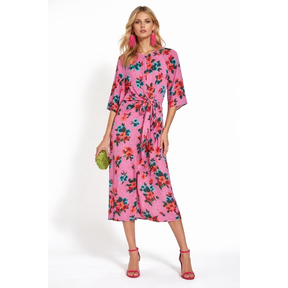 Essentiel Antwerp Vayen Pink Floral 100% Silk Tie Waist Midi Dress EU 36 US 4